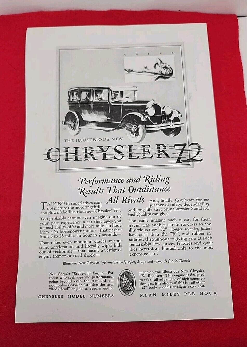 Vtg 1927 Chrysler 72: Performance and Riding Results Antique Print Ad Ephemera